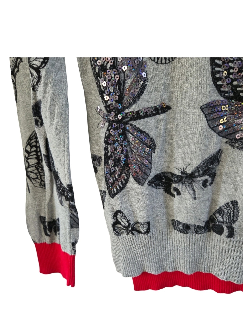 DESIGUAL Sequin Butterfly Sweater Gray Black Top Womens Size L - Picture 5 of 12